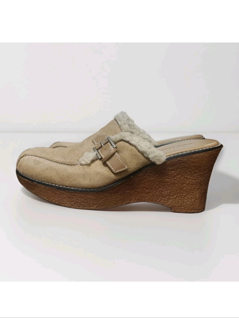 VTG Y2K Lower East Side 10 Suede Platform Wedge Mules Clogs Sherpa Trim Tan 90s